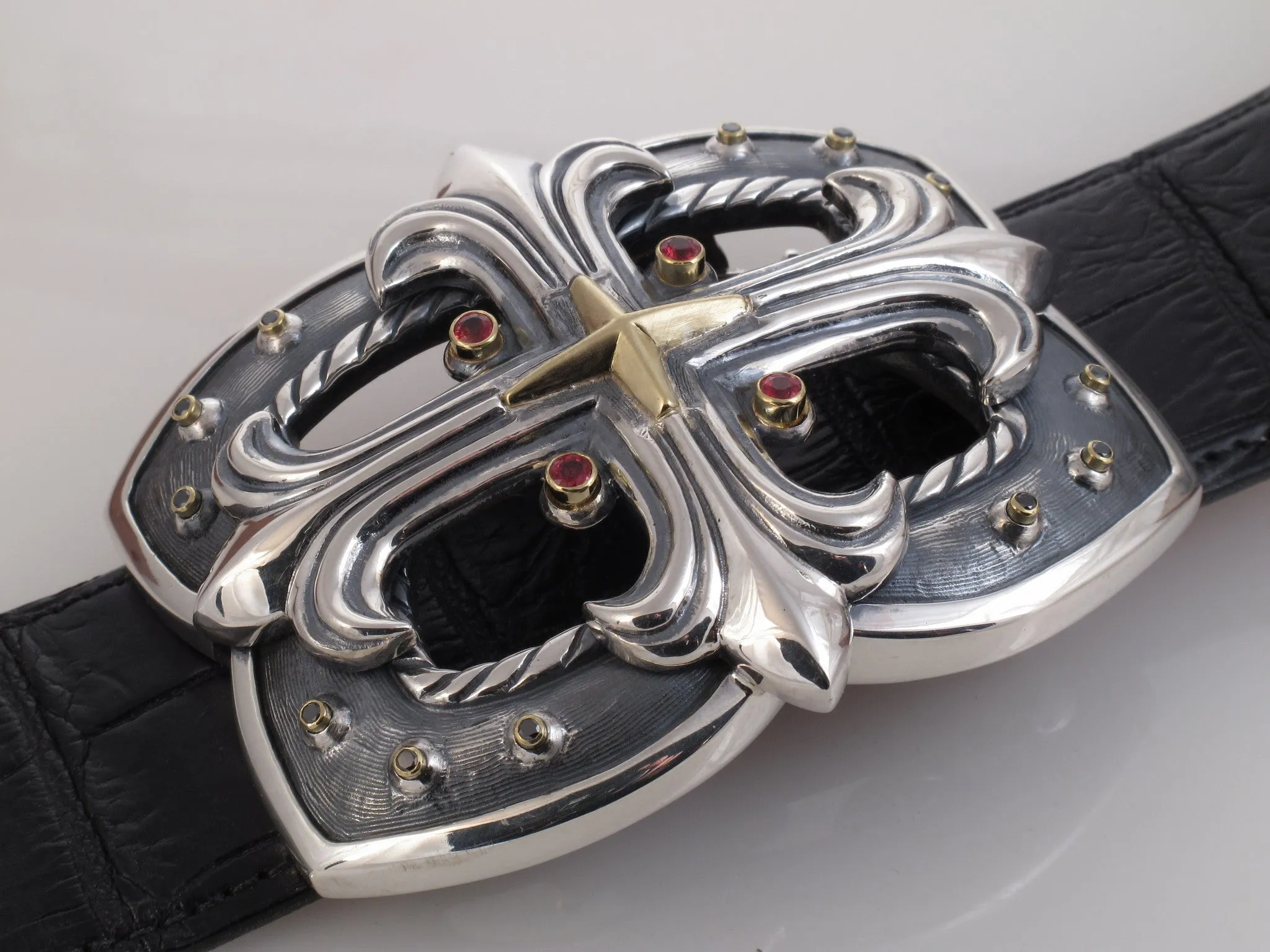 #1335 Custom Sterling Trophy Buckle with 18kt. Sapphires and Diamonds
