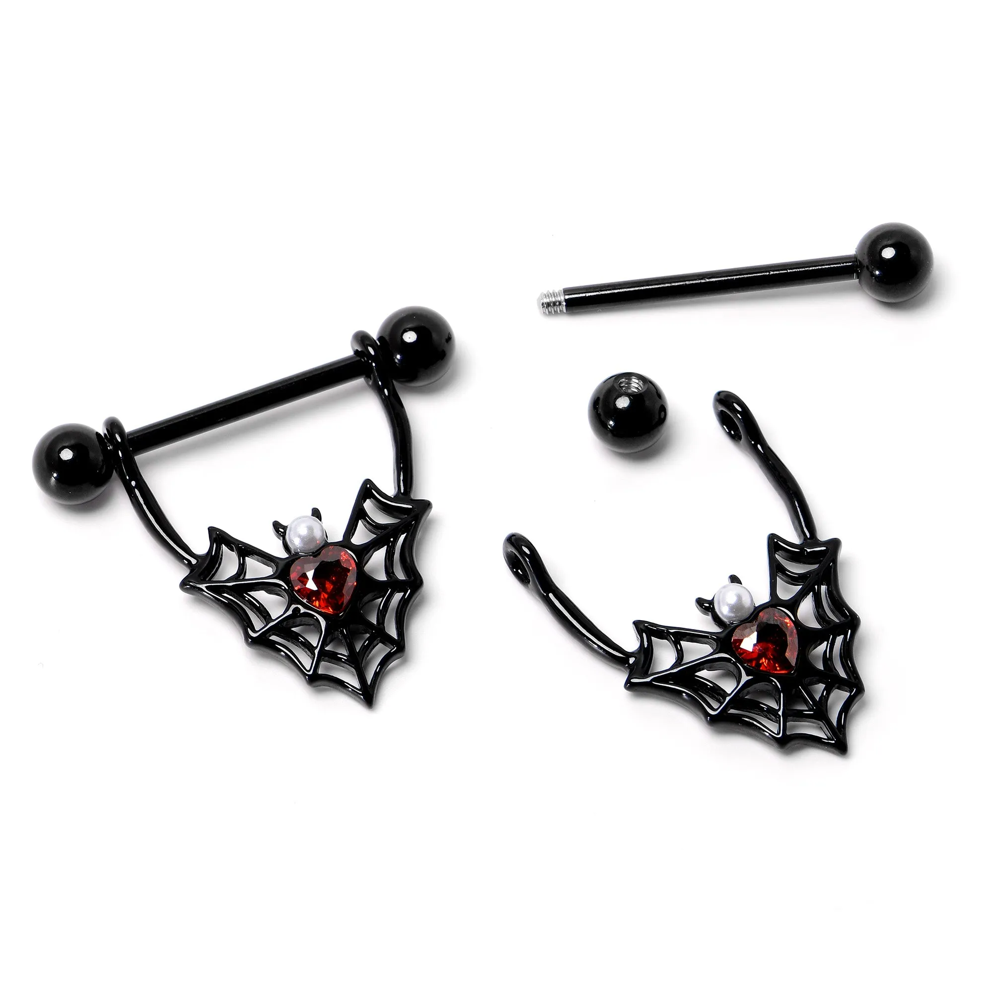 14 Gauge 11/16 Red Gem Black Gothic Bat Heart Nipple Shield Set