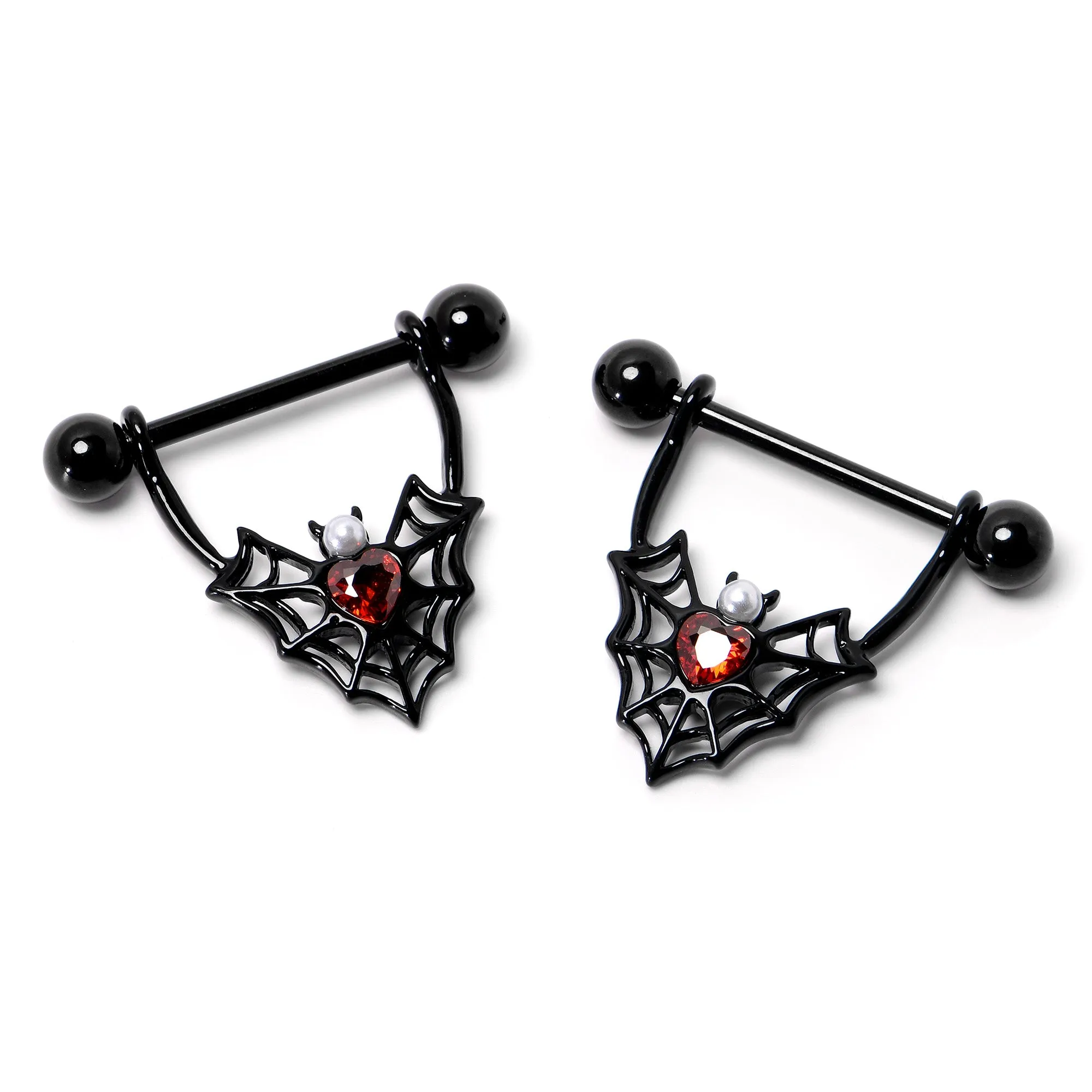 14 Gauge 11/16 Red Gem Black Gothic Bat Heart Nipple Shield Set