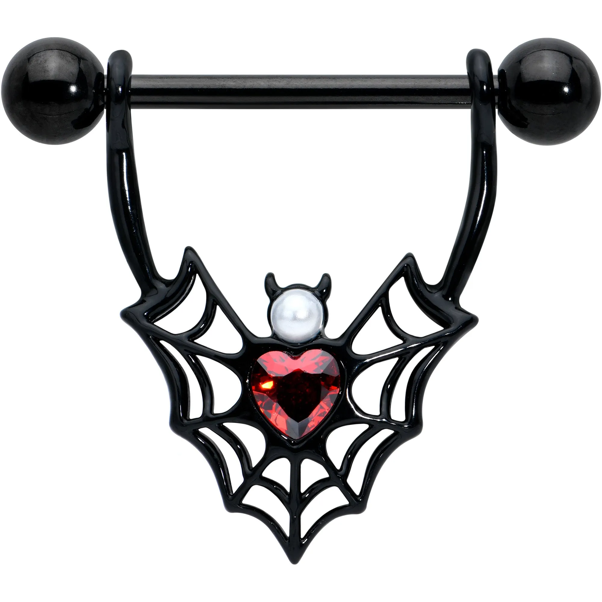 14 Gauge 11/16 Red Gem Black Gothic Bat Heart Nipple Shield Set