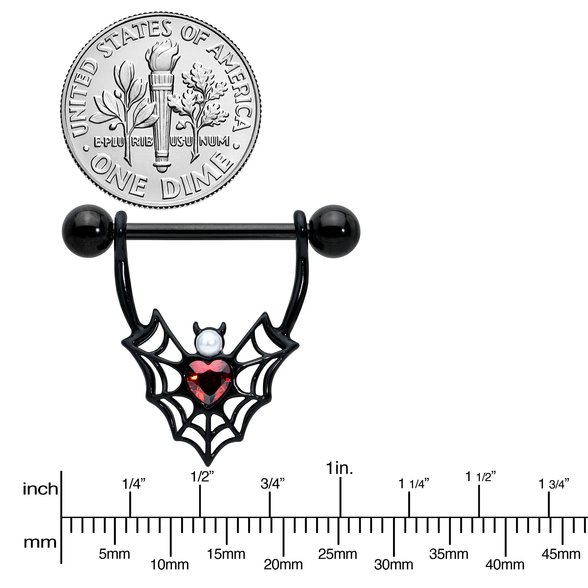 14 Gauge 11/16 Red Gem Black Gothic Bat Heart Nipple Shield Set