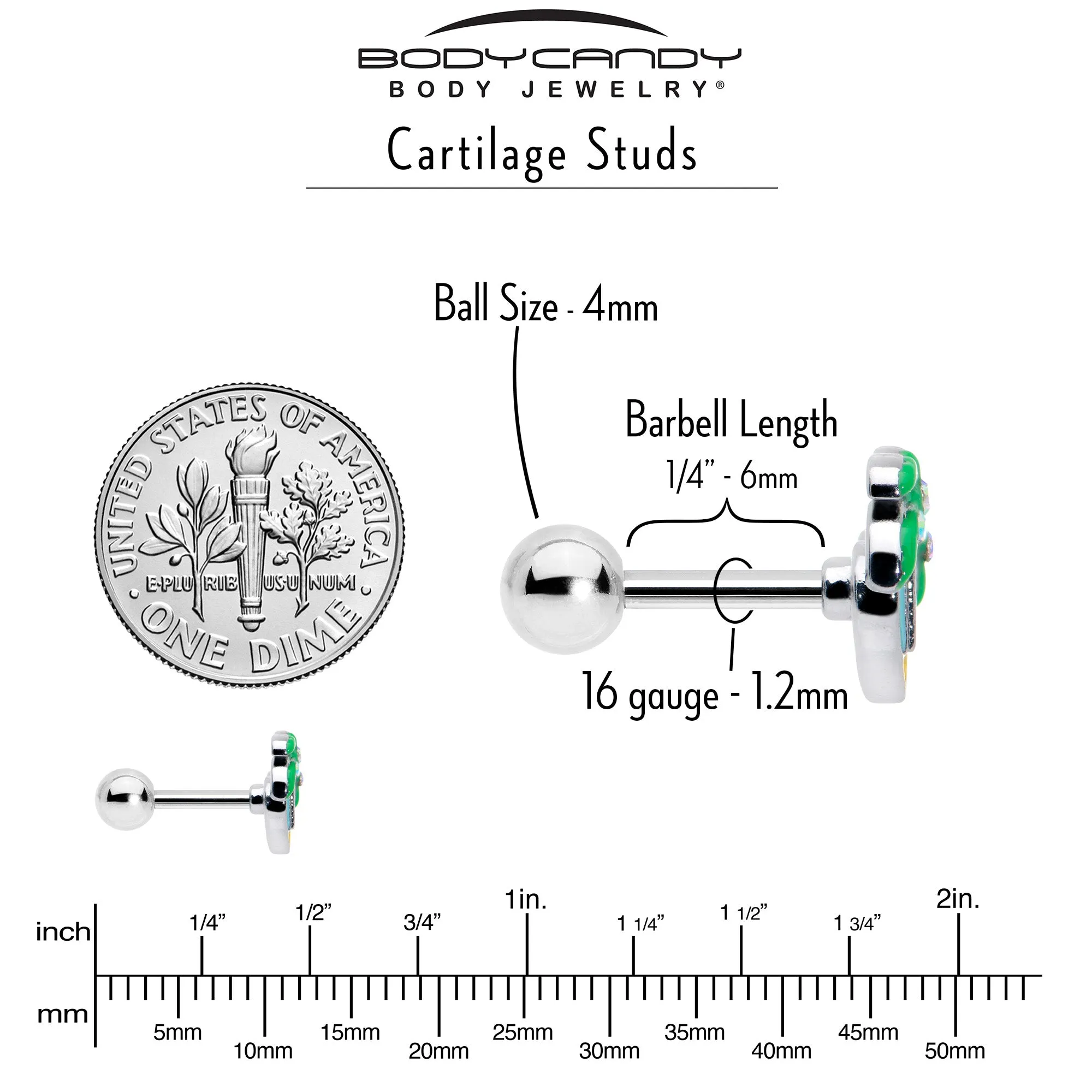 16 Gauge 1/4 Aurora Gem Beach Heart Palm Tree Cartilage Tragus Earring