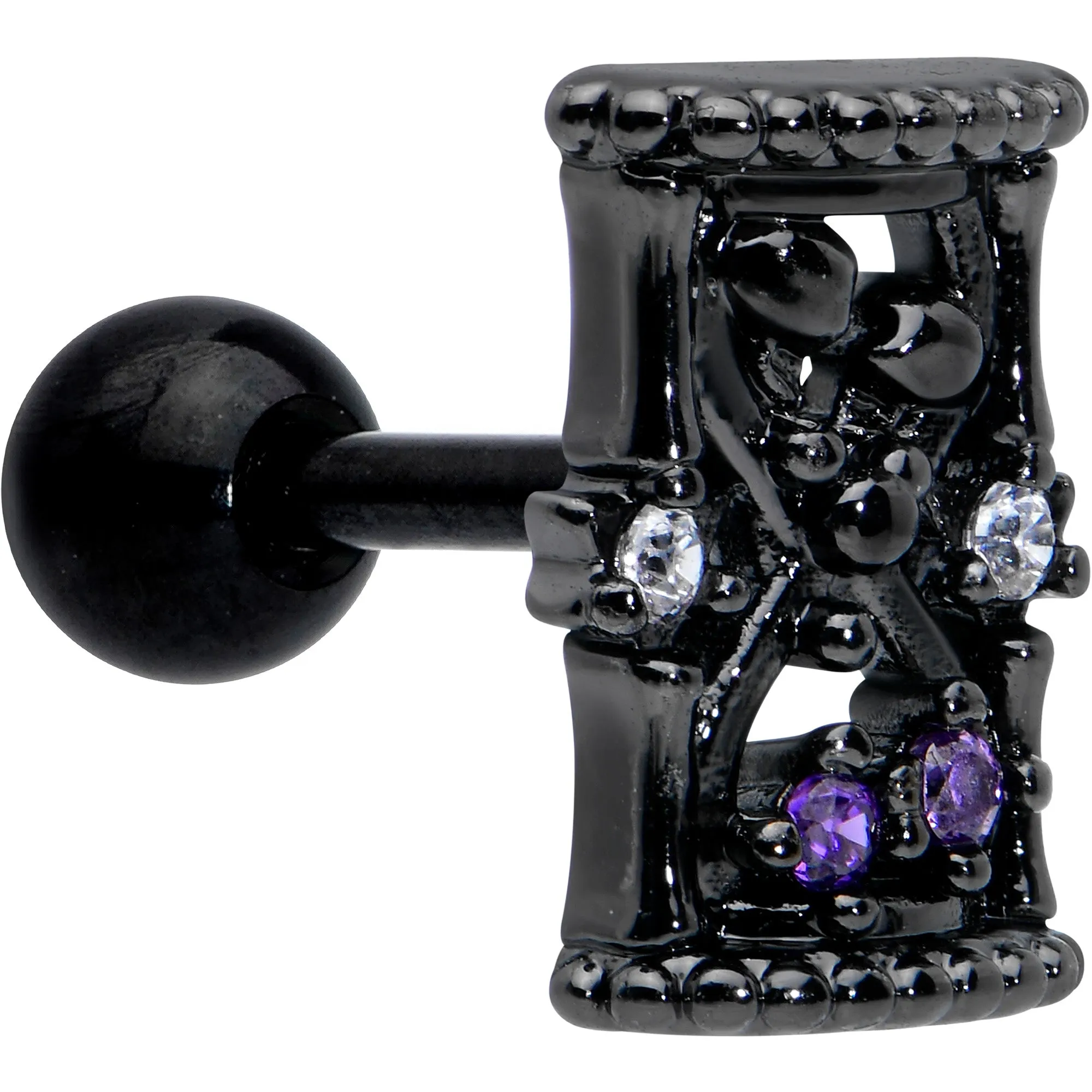 16 Gauge 1/4 Purple Gem Black Gothic Hourglass Cartilage Tragus Earring