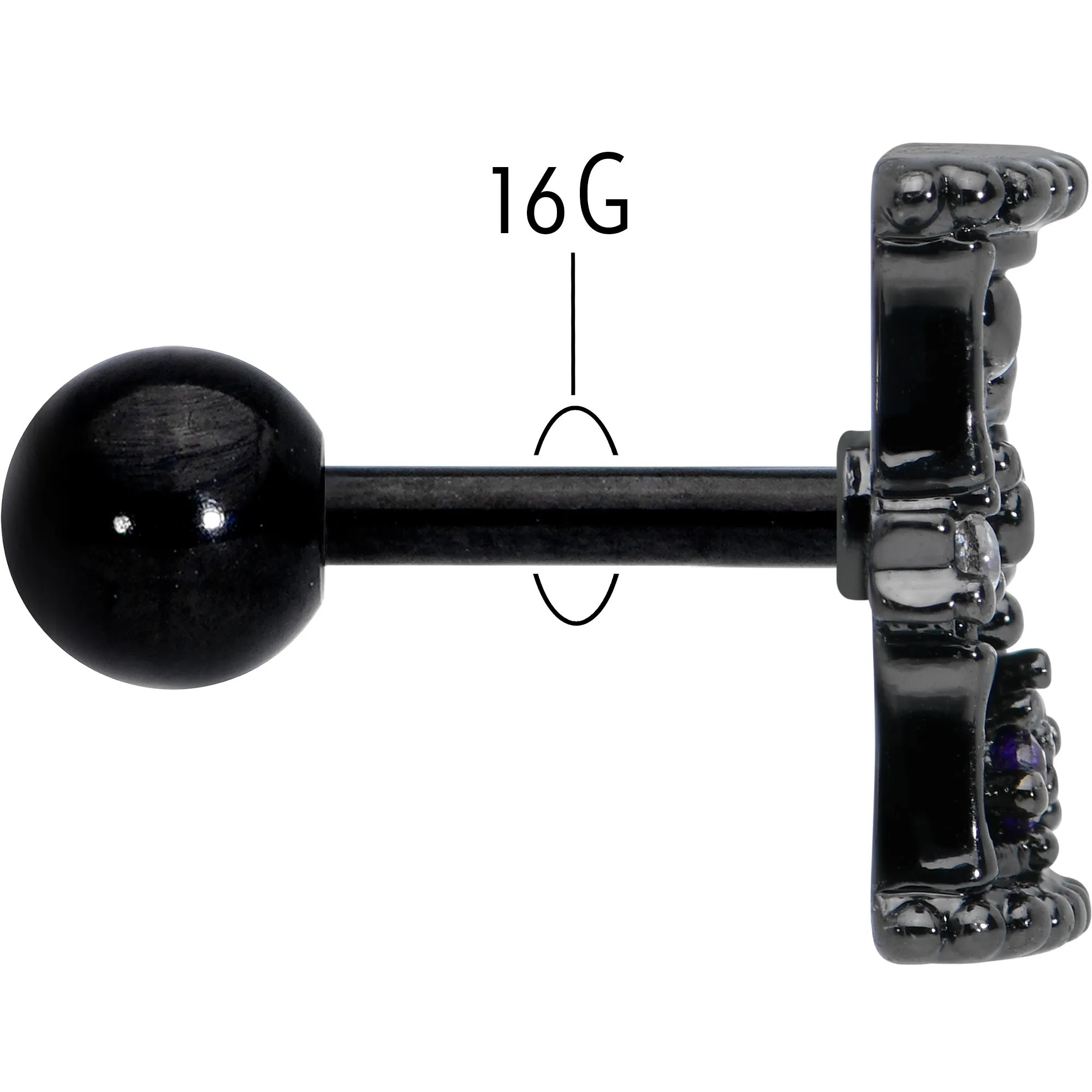 16 Gauge 1/4 Purple Gem Black Gothic Hourglass Cartilage Tragus Earring