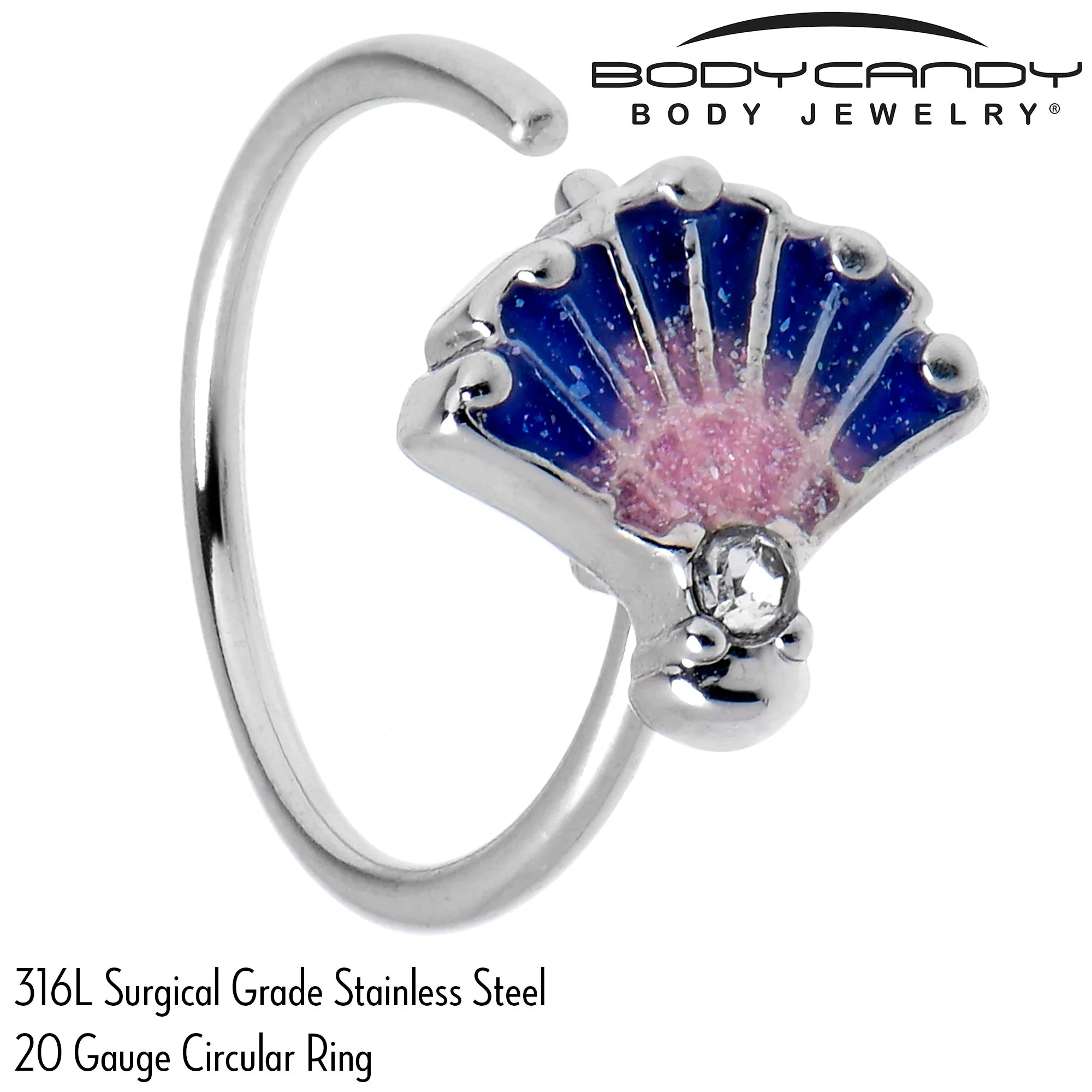 20 Gauge 5/16 Clear CZ Gem Mesmerizing Ocean Sea Shell Magic Nose Hoop