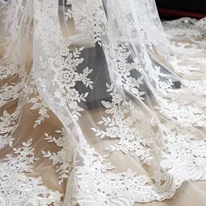 51" Width Off-white Floral Embroidery Mesh Lace Fabric with Sequins, Beaded Bridal Wedding Tulle Lace Fabric by the Yard