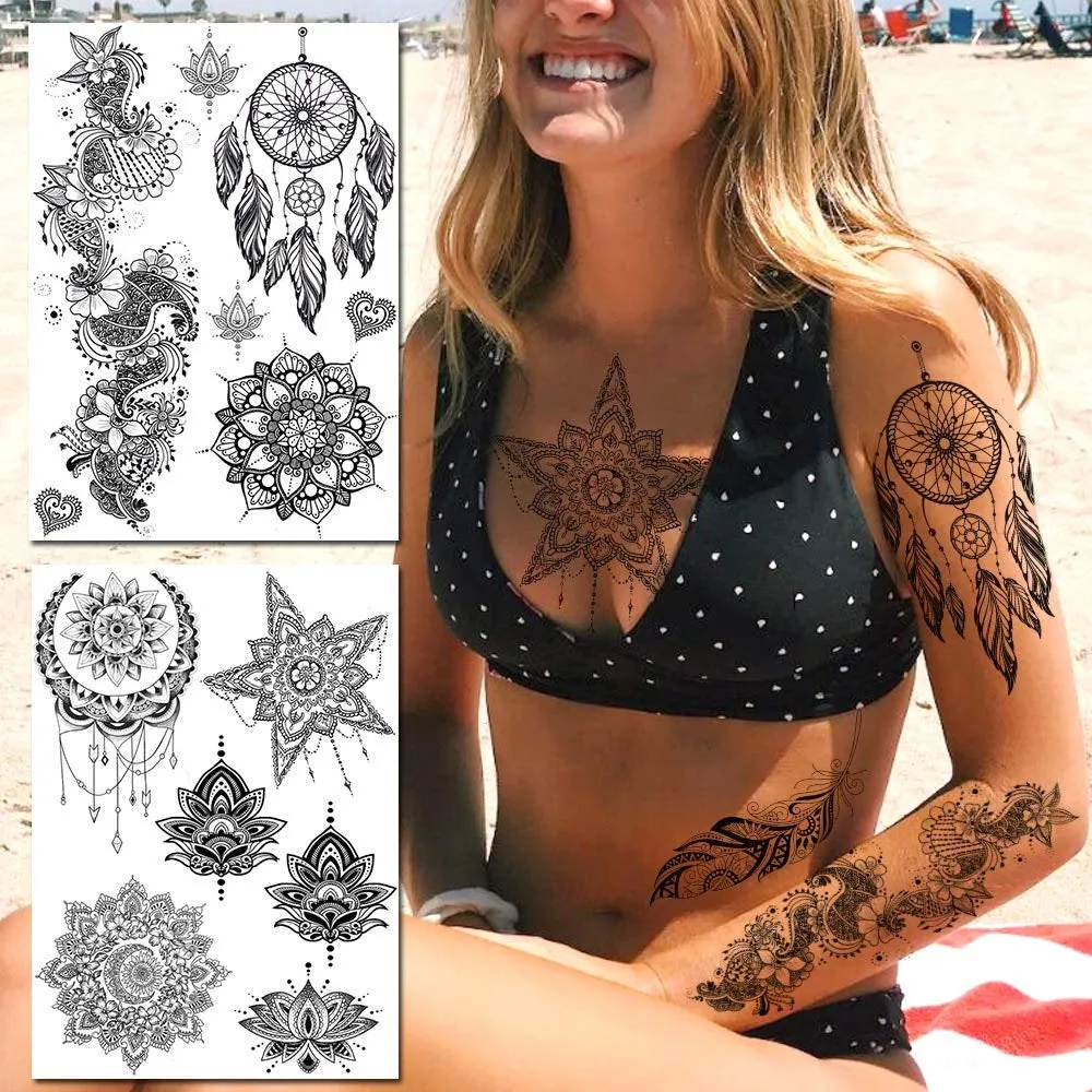 6 Sheets Black Henna Temporary Tattoos For Women Lace Mehndi Mandala Flower Large Waterproof Lotus Butterfly Tattoos  Dreamcatcher Feather