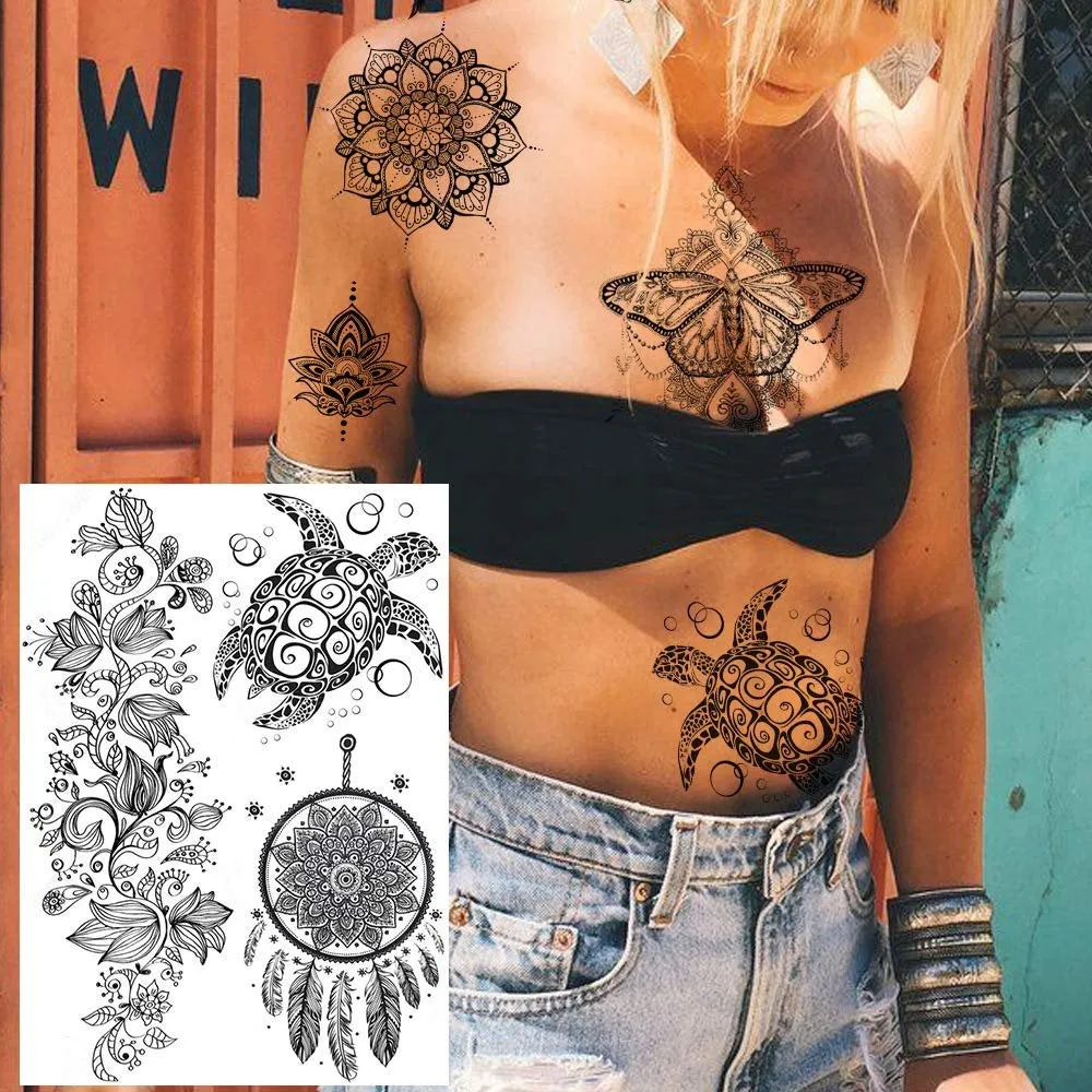 6 Sheets Black Henna Temporary Tattoos For Women Lace Mehndi Mandala Flower Large Waterproof Lotus Butterfly Tattoos  Dreamcatcher Feather