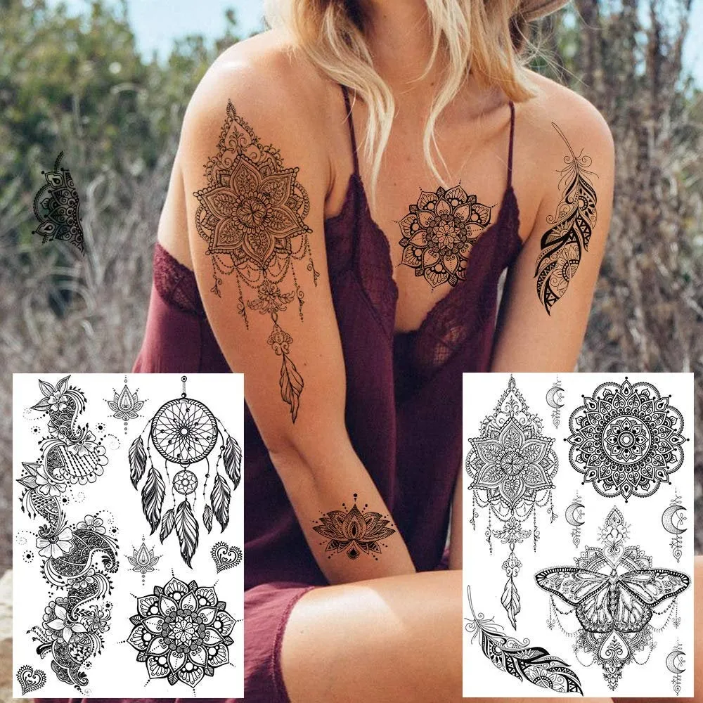 6 Sheets Black Henna Temporary Tattoos For Women Lace Mehndi Mandala Flower Large Waterproof Lotus Butterfly Tattoos  Dreamcatcher Feather