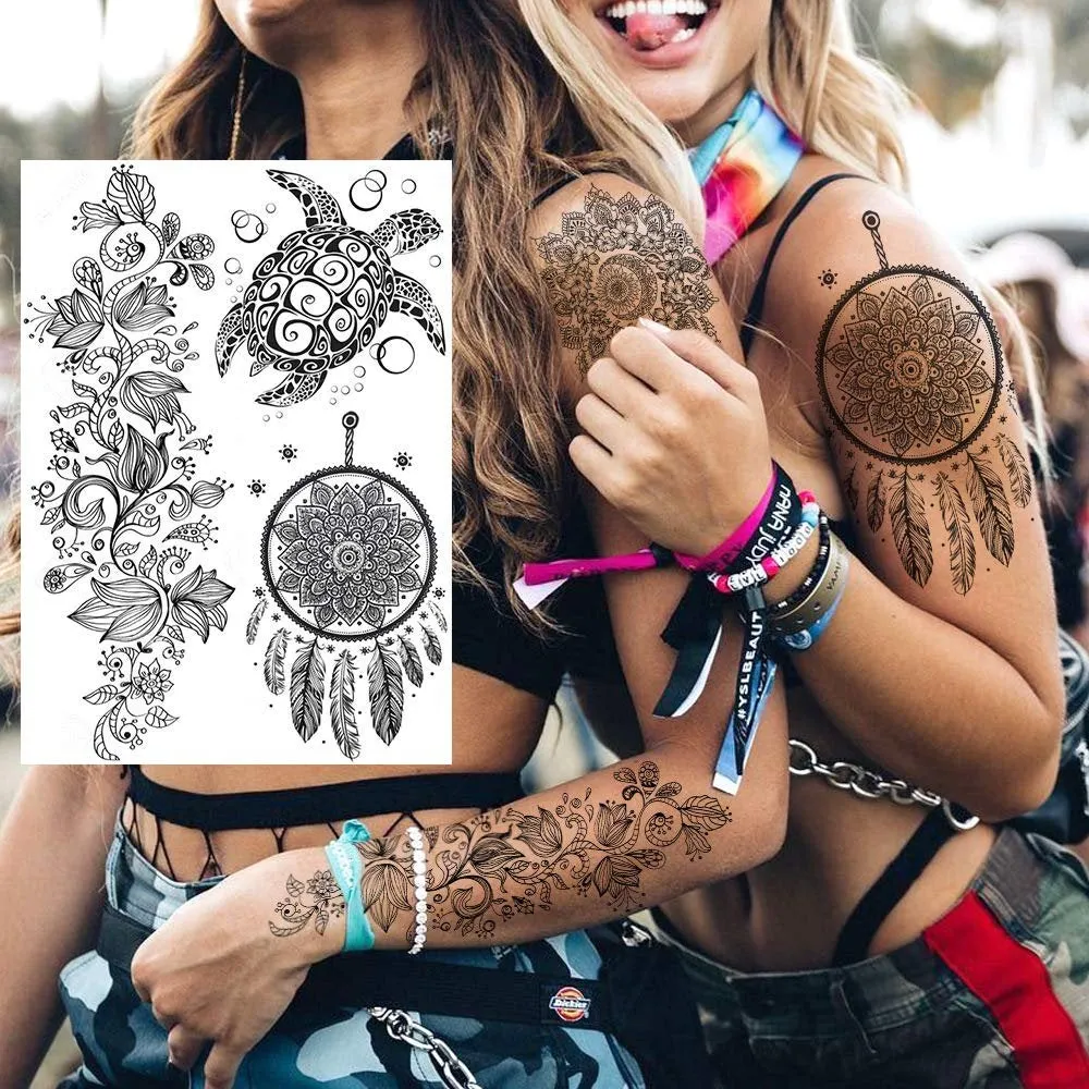 6 Sheets Black Henna Temporary Tattoos For Women Lace Mehndi Mandala Flower Large Waterproof Lotus Butterfly Tattoos  Dreamcatcher Feather