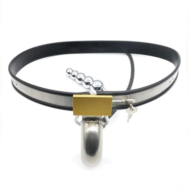 6931AR      Strict Penitentiary Fully Locking Steel Chastity Belt Harness Set with attached Steel Anal Dildo