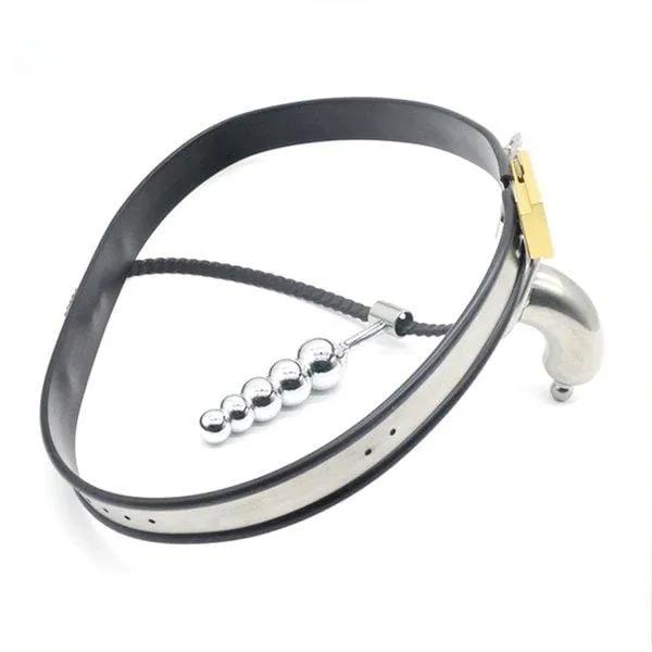 6931AR      Strict Penitentiary Fully Locking Steel Chastity Belt Harness Set with attached Steel Anal Dildo