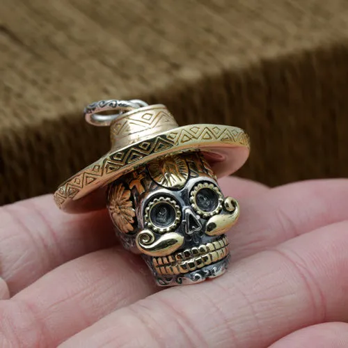 925 Sterling Silver Pendant Sugar Skull Strawhat Hip Hop Hippie Gothic Goth