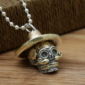 925 Sterling Silver Pendant Sugar Skull Strawhat Hip Hop Hippie Gothic Goth