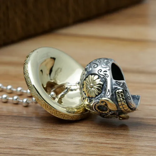 925 Sterling Silver Pendant Sugar Skull Strawhat Hip Hop Hippie Gothic Goth