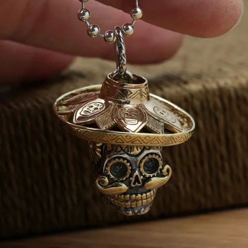 925 Sterling Silver Pendant Sugar Skull Strawhat Hip Hop Hippie Gothic Goth