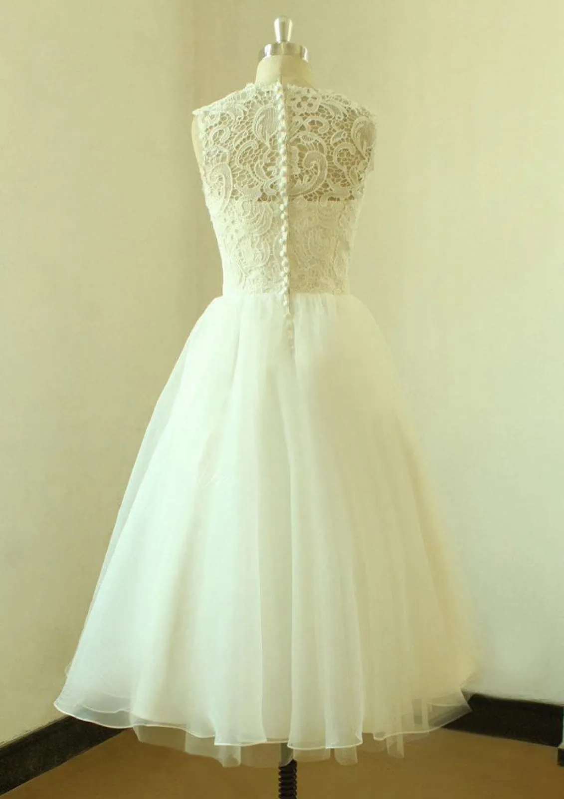 A-line Bateau Sleeveless Tea-Length Lace Organza Wedding Dress, Buttons