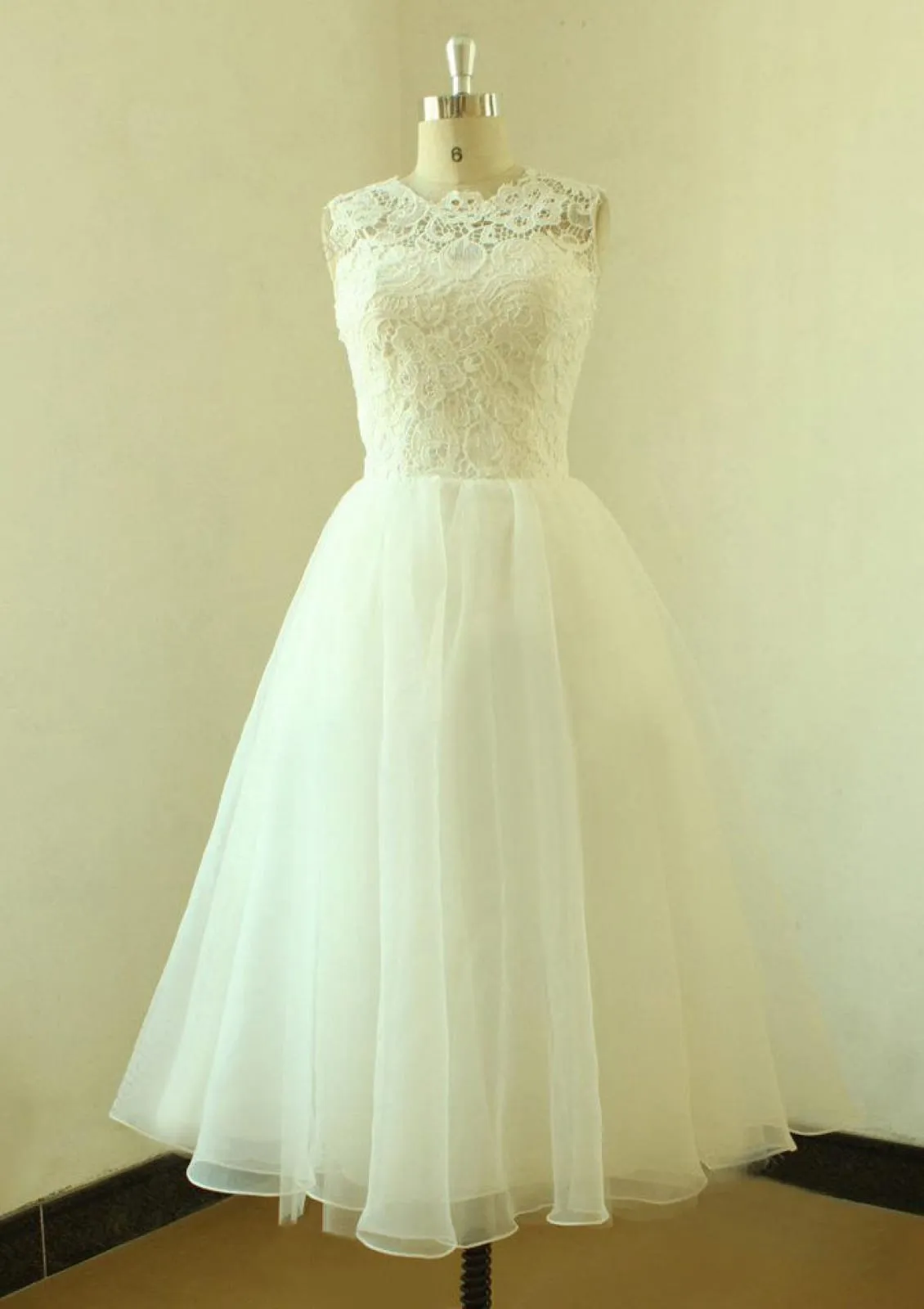 A-line Bateau Sleeveless Tea-Length Lace Organza Wedding Dress, Buttons