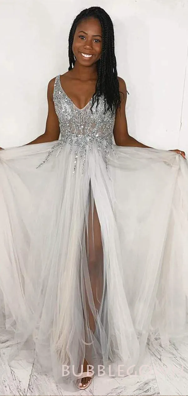 A-line Beaded White Tulle V-neck Long Evening Prom Dresses, Cheap Custom Prom Dress, MR7887