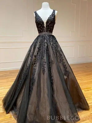 A-line Black Tulle Appliques V-neck Long Evening Prom Dresses, MR8124