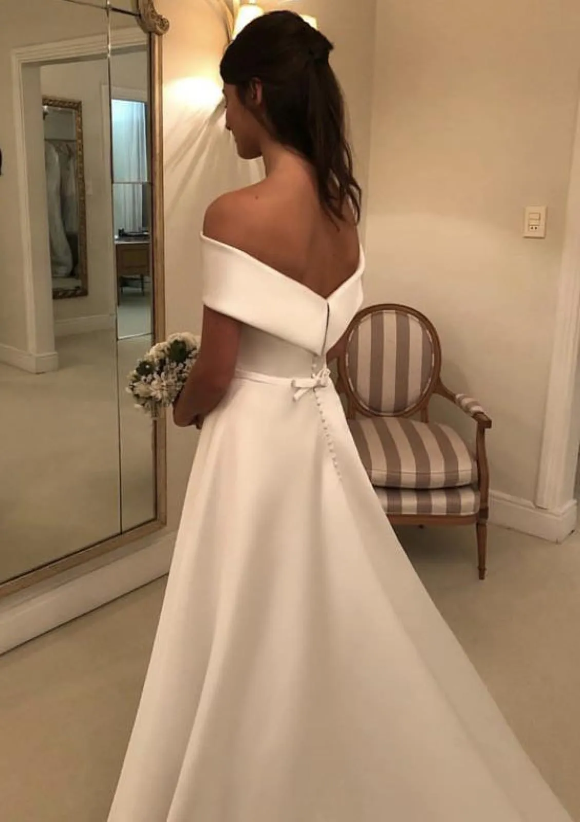 A-line Off Shoulder Court Satin Wedding Dress, Ribbon Bowknot