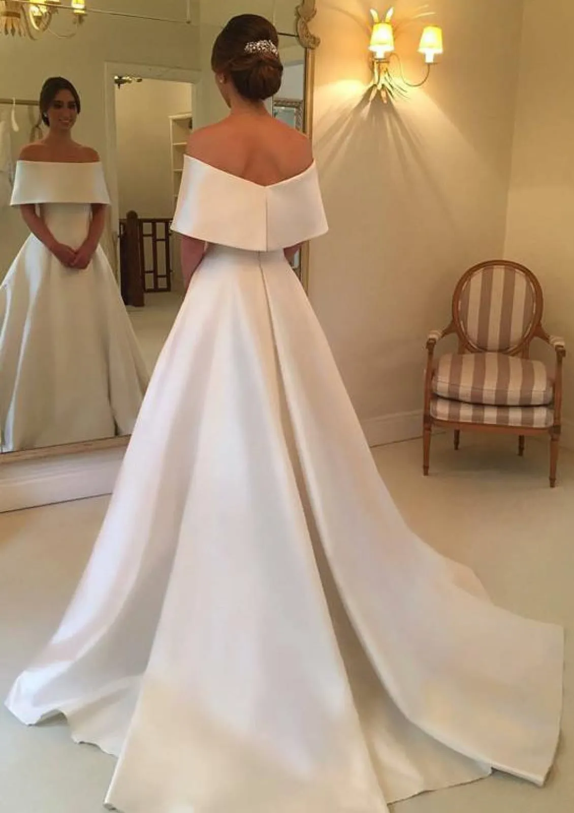 A-line Off Shoulder Court Train Satin Bridal Wedding Dress