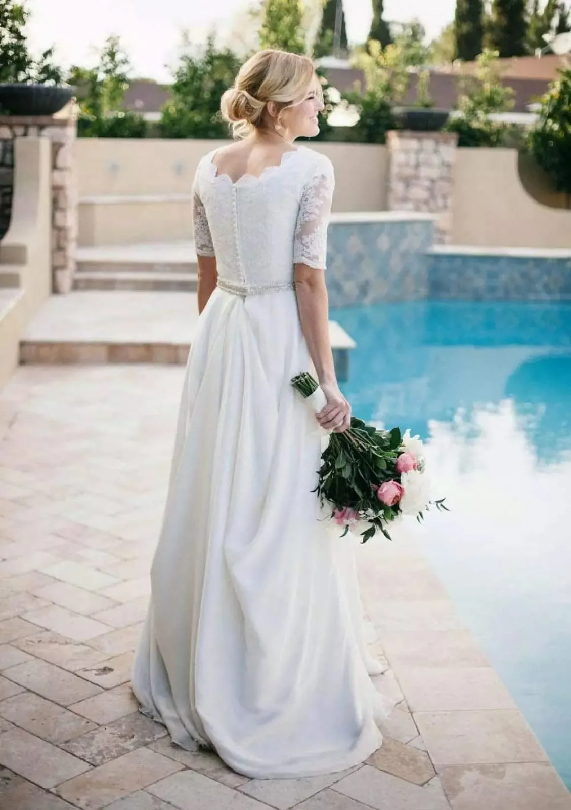 A-Line Scalloped Neck Satin Wedding Dress, Beaded Waistband