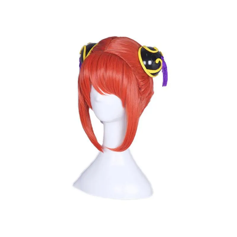Anime Gintama Kagura Short Orange Red Cosplay Wigs with Free Headdress