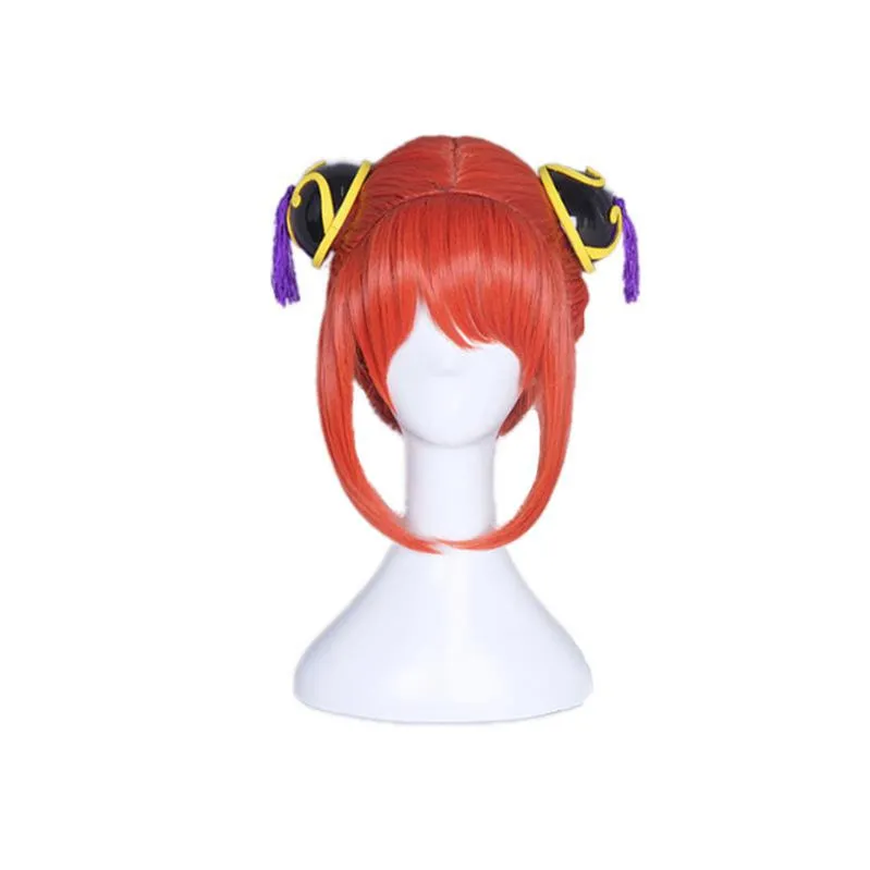 Anime Gintama Kagura Short Orange Red Cosplay Wigs with Free Headdress