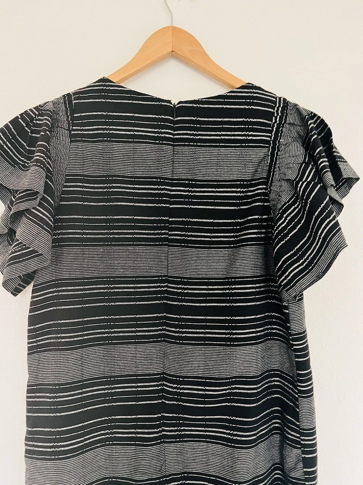 ANTHROPOLOGIE Moon River Dress Sz S Woven Flutter Sleeve Black Striped Boho