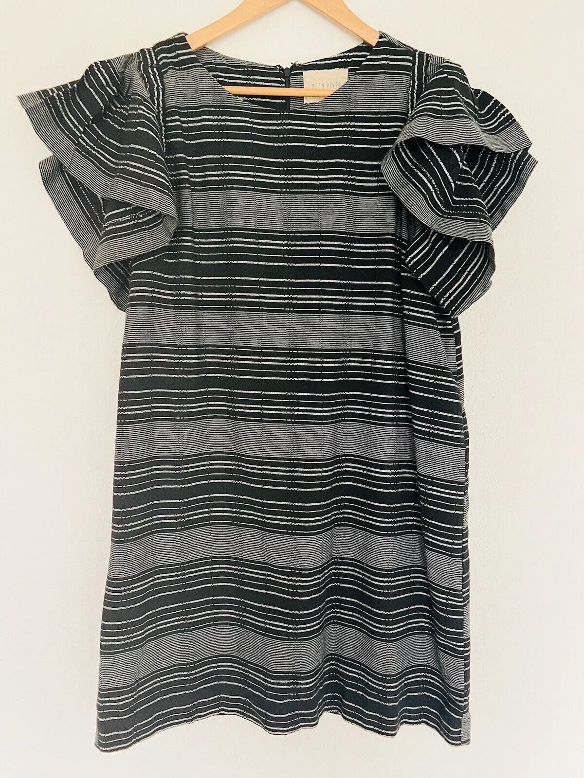 ANTHROPOLOGIE Moon River Dress Sz S Woven Flutter Sleeve Black Striped Boho