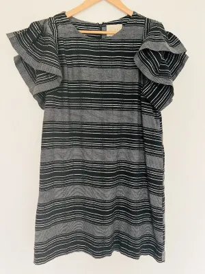 ANTHROPOLOGIE Moon River Dress Sz S Woven Flutter Sleeve Black Striped Boho