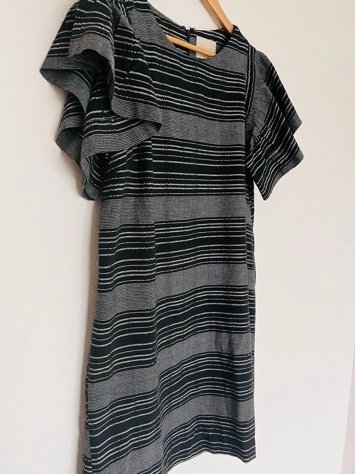 ANTHROPOLOGIE Moon River Dress Sz S Woven Flutter Sleeve Black Striped Boho