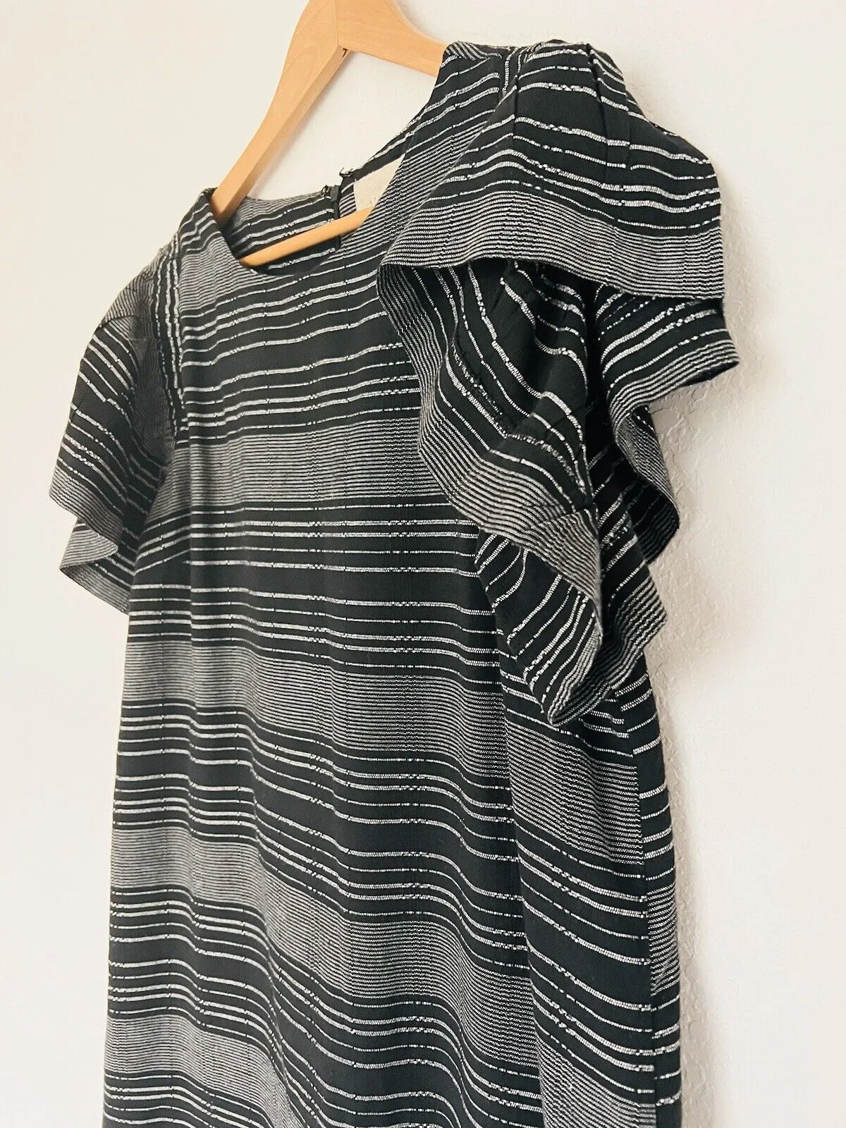 ANTHROPOLOGIE Moon River Dress Sz S Woven Flutter Sleeve Black Striped Boho