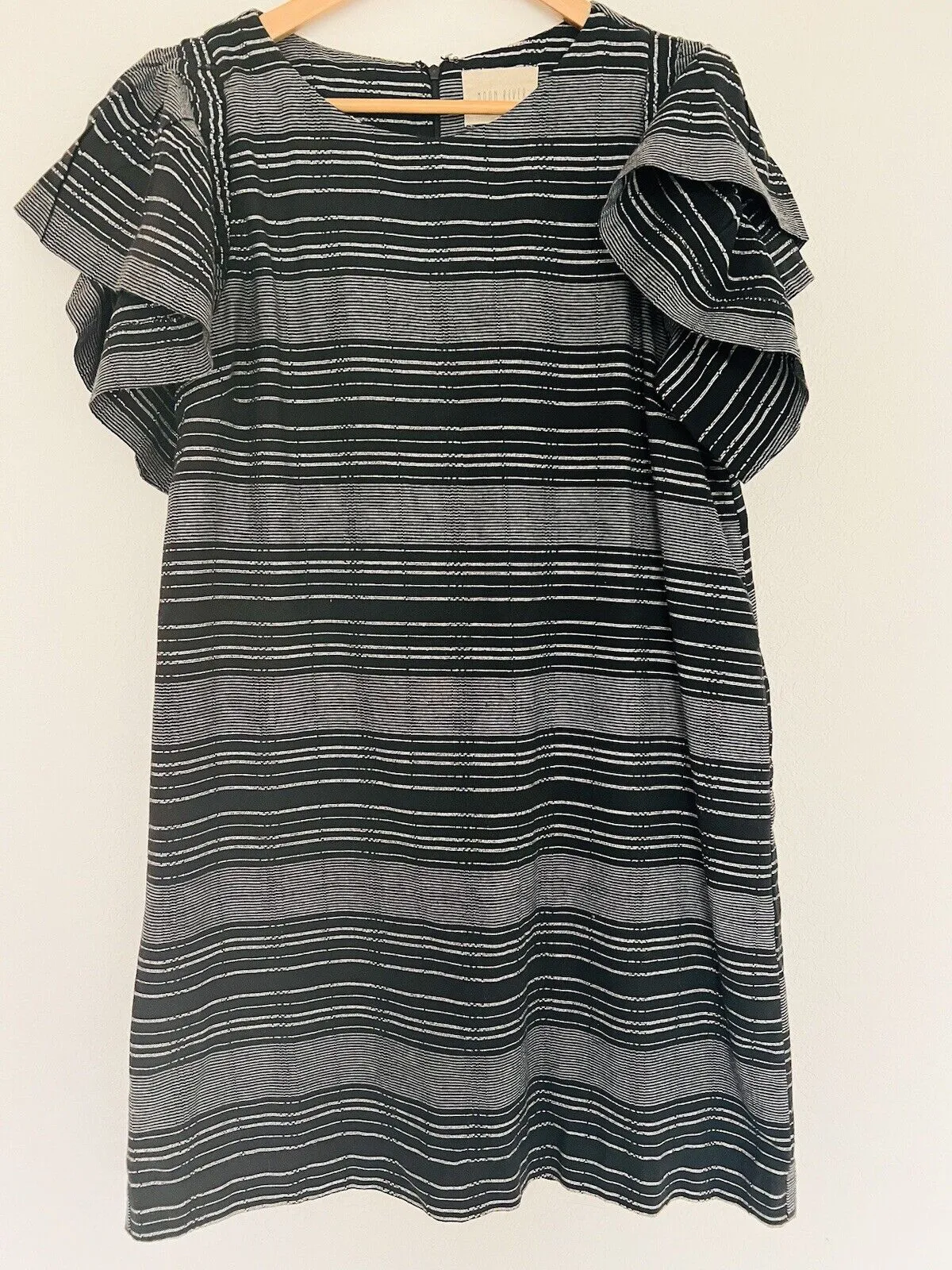ANTHROPOLOGIE Moon River Dress Sz S Woven Flutter Sleeve Black Striped Boho