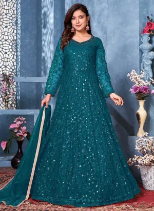 Aqua Blue Floral Heavy Embroidered Gown Style Anarkali