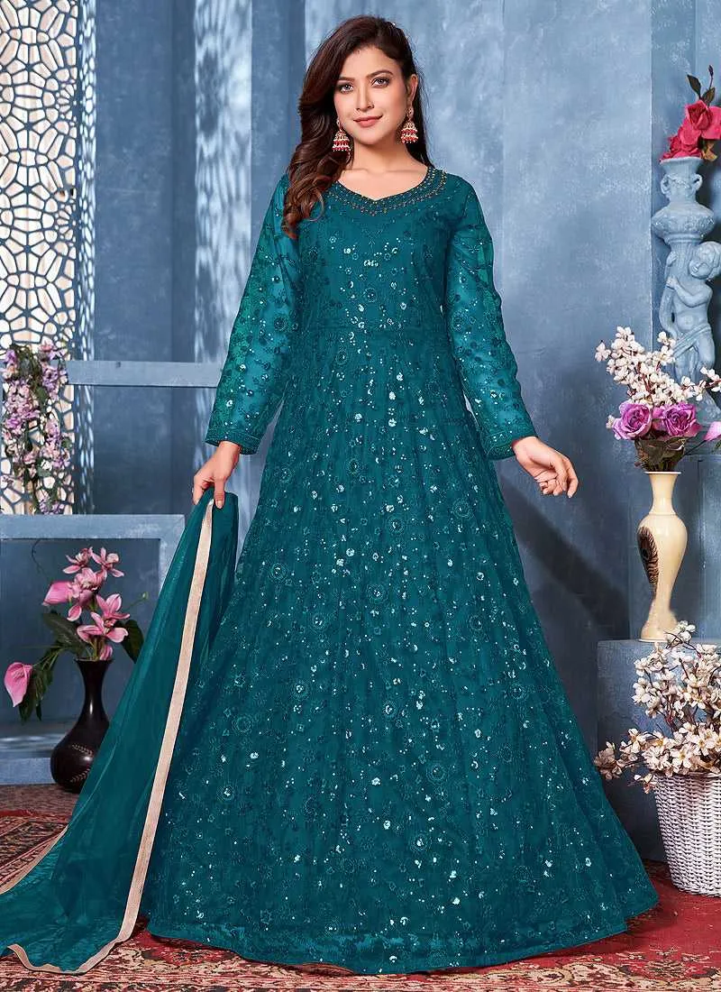 Aqua Blue Floral Heavy Embroidered Gown Style Anarkali