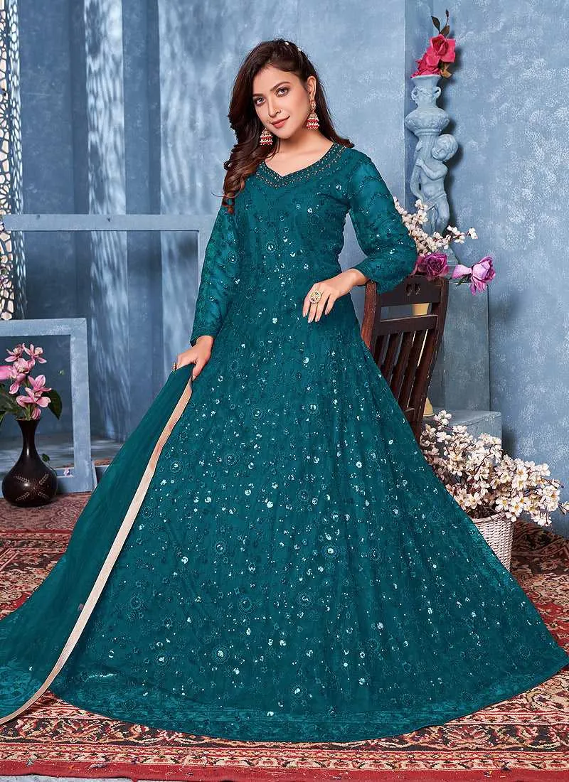 Aqua Blue Floral Heavy Embroidered Gown Style Anarkali