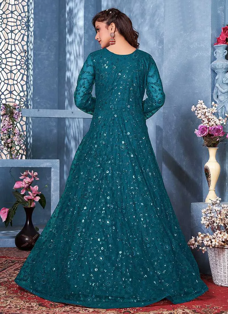 Aqua Blue Floral Heavy Embroidered Gown Style Anarkali