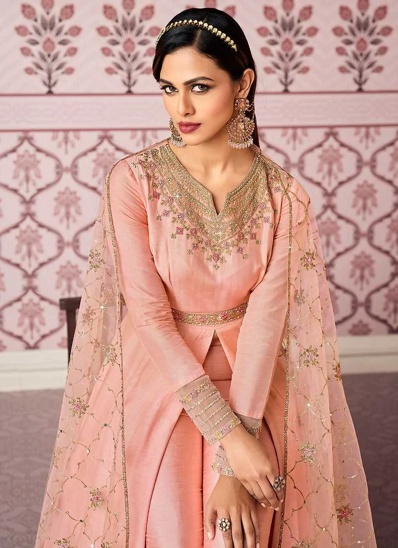 Baby Pink Floral Embroidered Designer Pant Style Anarkali