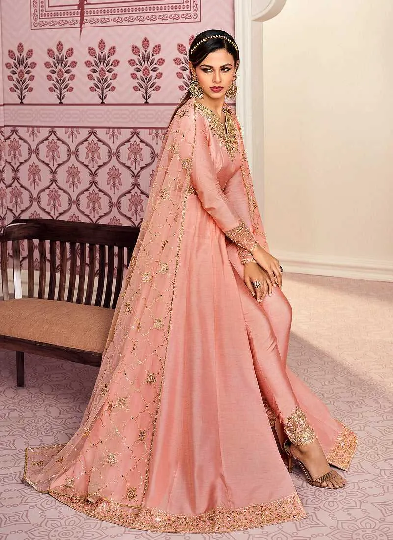 Baby Pink Floral Embroidered Designer Pant Style Anarkali