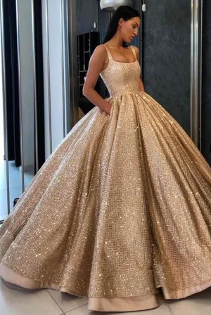 Ball Gown Prom Dress with Pockets Beads Sequins Floor-Length Gold Quinceanera Dresses PH724