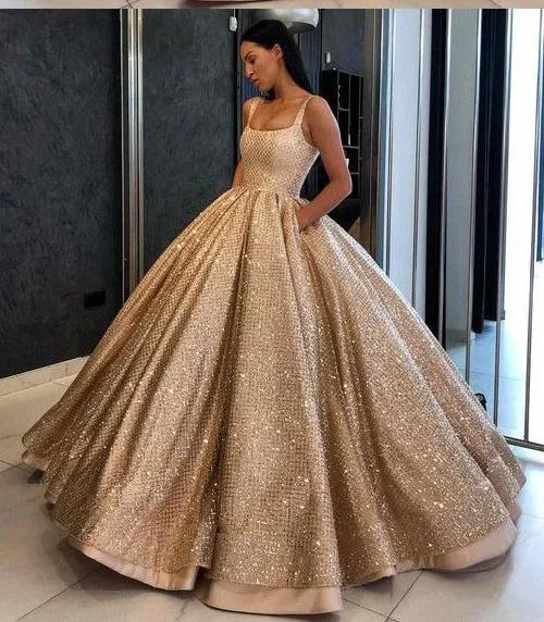 Ball Gown Prom Dress with Pockets Beads Sequins Floor-Length Gold Quinceanera Dresses PH724
