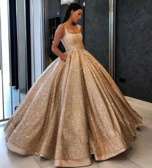 Ball Gown Prom Dress with Pockets Beads Sequins Floor-Length Gold Quinceanera Dresses PH724
