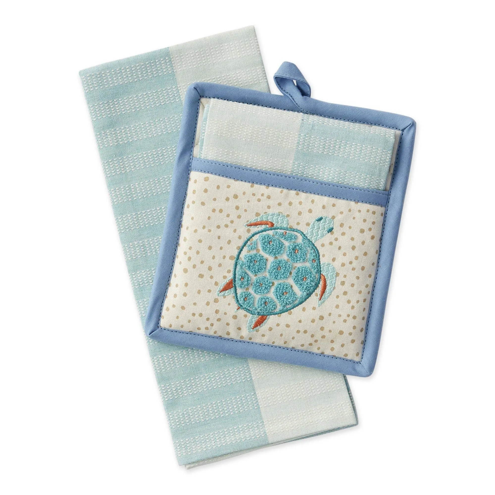 Beach Turtle Embellished Kitchen Hand Towel & Potholder Gift Set