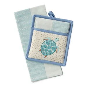 Beach Turtle Embellished Kitchen Hand Towel & Potholder Gift Set