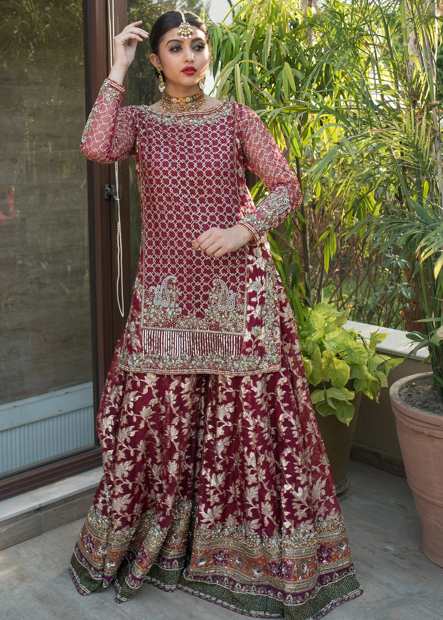 Beautiful embroidered bridal dress in lavish red color # B3363