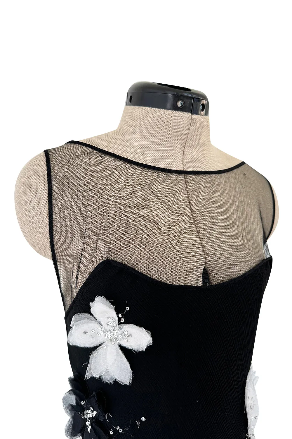 Beautiful Fall 2005 John Galliano Bias Cut Black Silk Dress w Hand Applied Silk Flowers