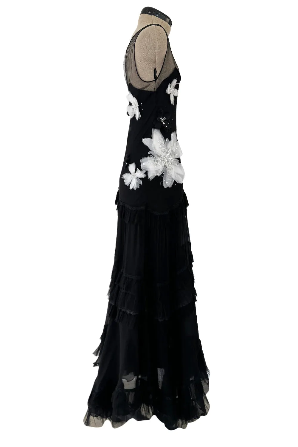 Beautiful Fall 2005 John Galliano Bias Cut Black Silk Dress w Hand Applied Silk Flowers