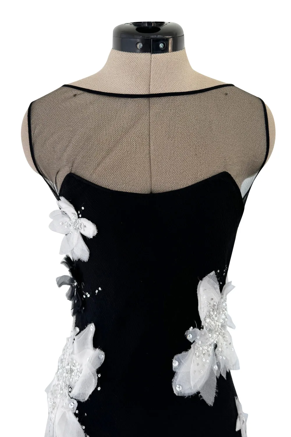 Beautiful Fall 2005 John Galliano Bias Cut Black Silk Dress w Hand Applied Silk Flowers